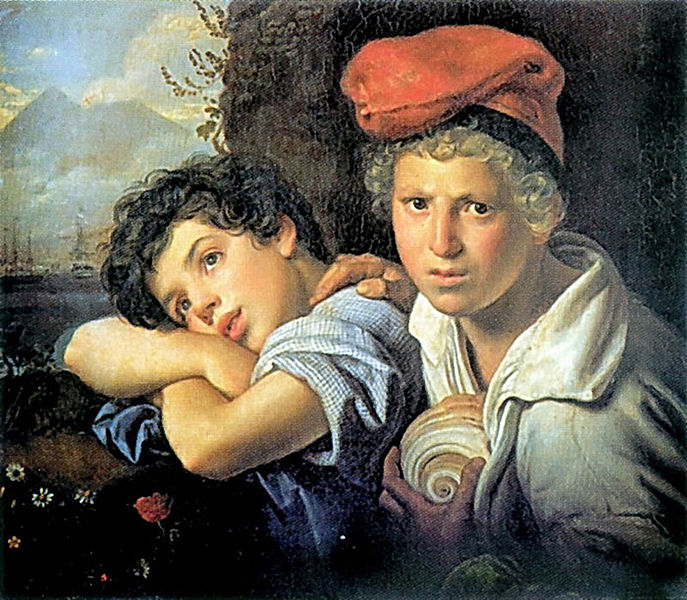 A painting of two boys one is looking at the artist the other is looking dreamily off into the distance.