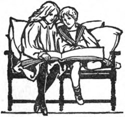 A black and white illustration of a mother and son reading a book on a chair”