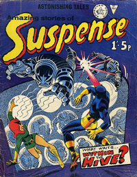 An image of an 'Amazing Stories of Suspense' comic book. The cover art features a battle going on between human superheroes and robots.