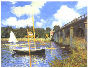 A painting of a sailboat, without sails, on a river near a bridge