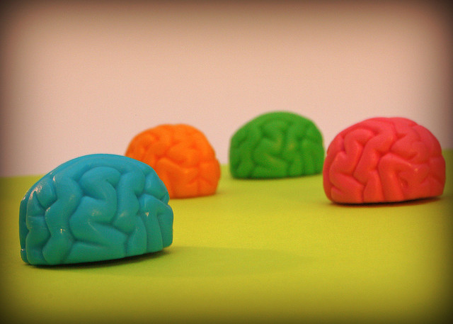 A photograph of four play dough brains