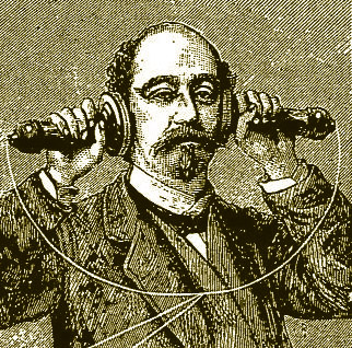 A drawing of a man holding two telephone receivers to his ears