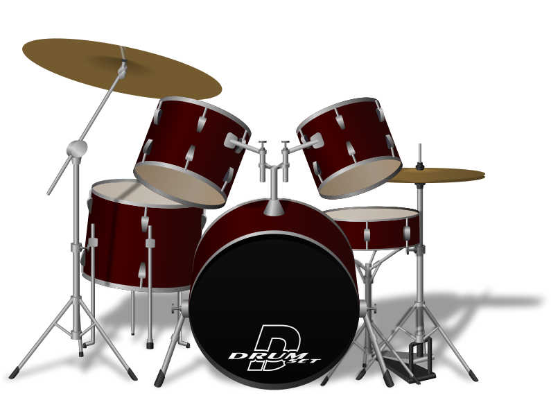 A graphic of a complete, seven piece, drum set