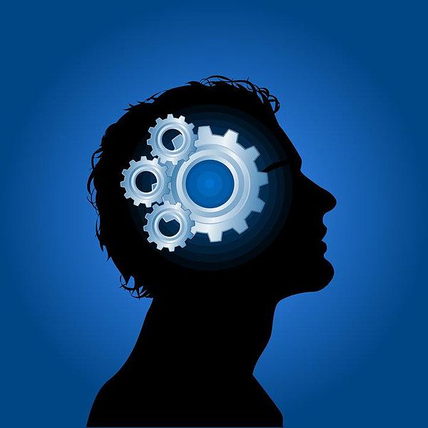 A graphic image/silhouette of a man’s head with gears working inside of it