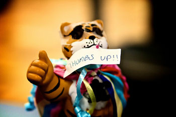 A photograph of a toy tiger that has sunglasses on. His thumb is up on his raised paw. There is post it note on it that reads “Thumbs Up!!!”