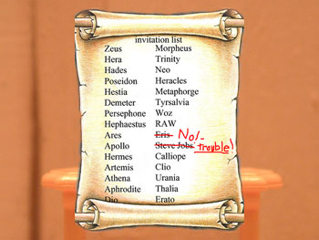 An image of an invitation list on a scroll that invites a number of Greek gods and goddesses, and Steve Jobs.