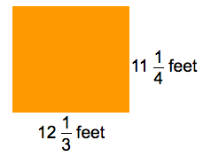 A rectangle with dimensions of 12 and one third feet by 11 and one fourth feet.