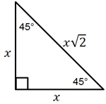 Image shows a 45, 45, 90 triangle with hypotenuse x times the square root of 2, and leg lengths of x 
