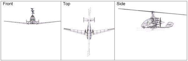 The image shows the front, top, and side views of a small helicopter.