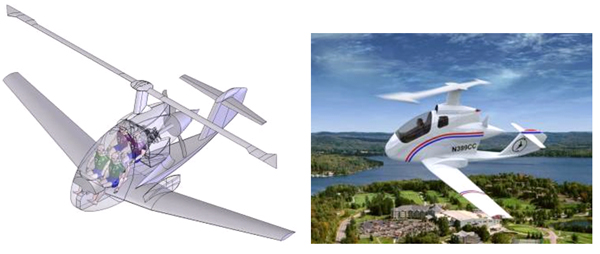 The image on the left shows the isometric view of a small helicopter and the image on the rigth shows an artists' rendition of the helicopter in flight.