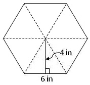 hexagon divided into six triangles, and one triangle is labeled with base six inches and height four inches