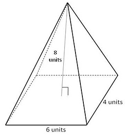 rectangular pyramid with base edge length six units and 4 units and a pyramid height of eight units