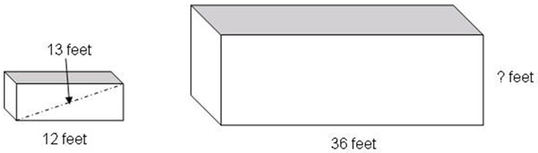 Image shows two large square prisms with diagonals drawn to create two right triangles. The first right triangle has a leg of 12 and a hypotenuse of 13. The other leg is unknown. The second right triangle has a leg of 36 feet. The other leg and the hypotenuse are unknown.