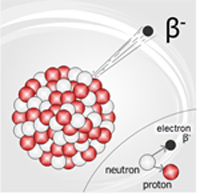 an unstable nucleus undergoing beta decay with the neutron decaying into a proton and a beta particle