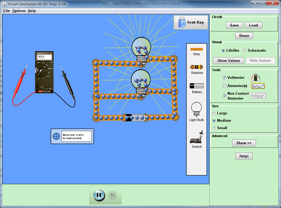 screenshot from simulation showing two light bulbs connected in series with a battery