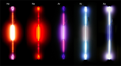 gas discharge tubes glowing in several different colors