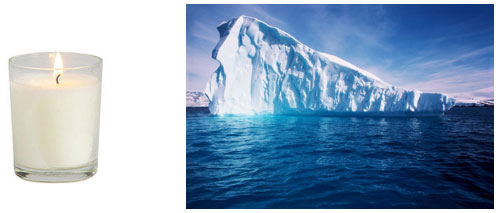 Image on the left shows a candle and image on the right is of an iceberg