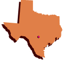 An orange cut-out of the state of Texas