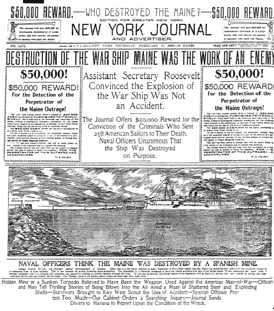 Image of the front page of the New York Journal that illustrates a drawing of the USS Maine, before the explosion.