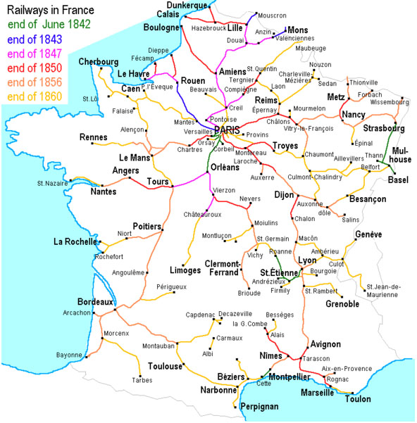 A special purpose map showing the spread of railways through France ...