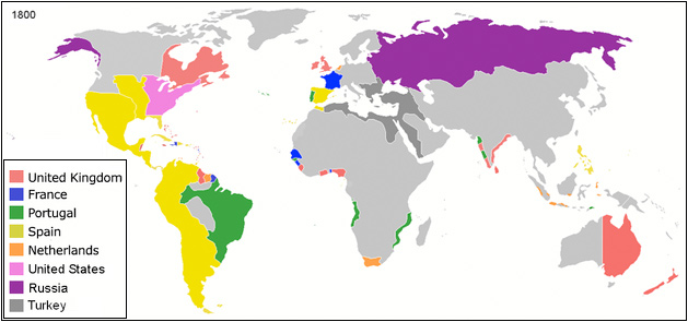  A world map showing colonial territories across the globe held by various nations in 1800 AD.