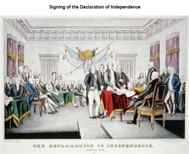 Painting of a scene of the Continental Congress members signing the Declaration of Independence.